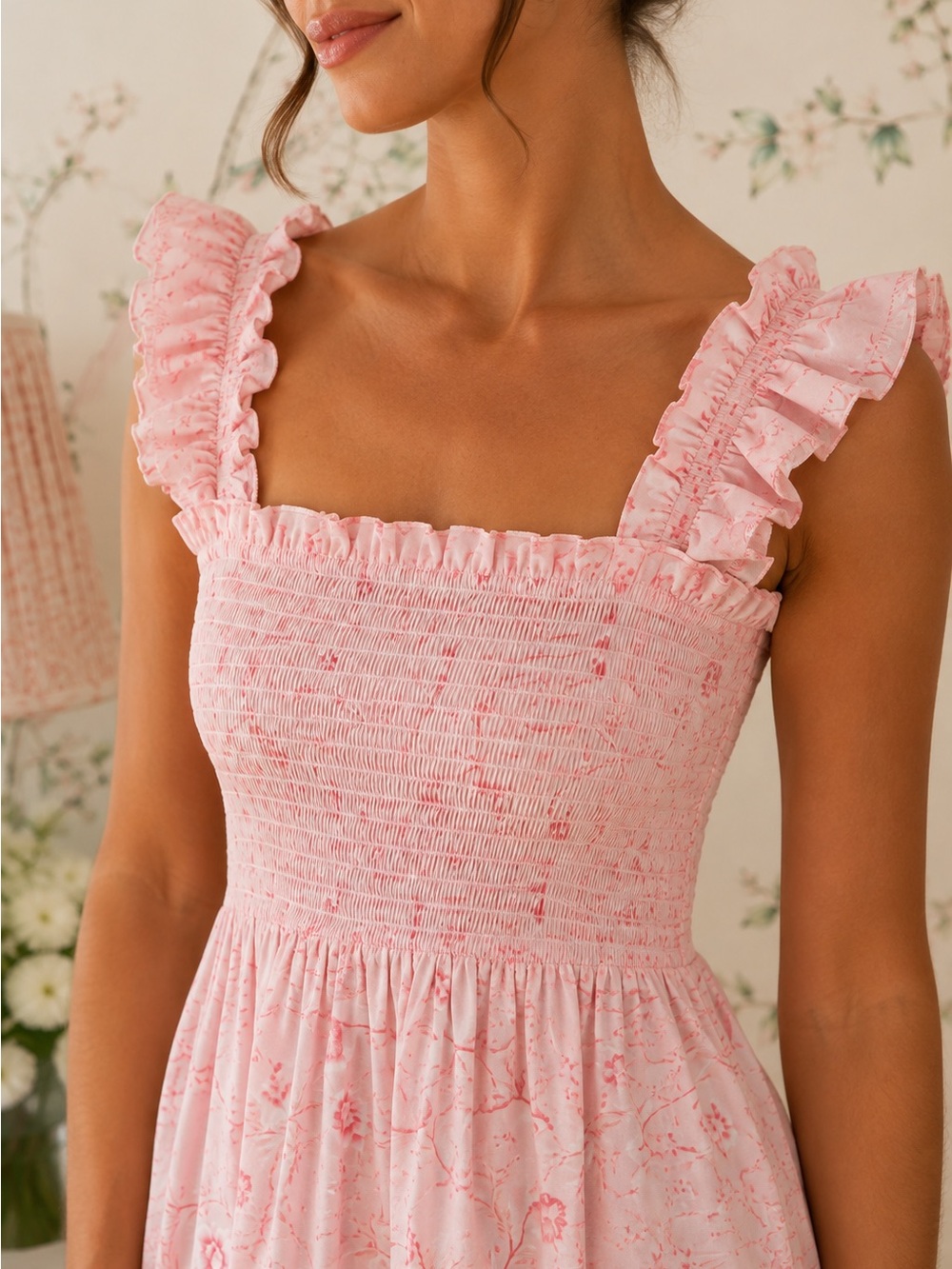 Hill House Nap Dress in Bridgerton Pink Floral Smocked Ruffle Tiered Small - Picture 4 of 11